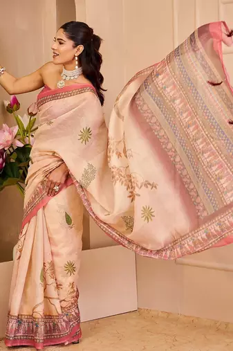 Beige cotton blend floral print saree with blouse