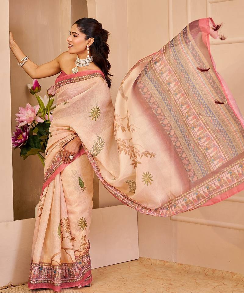Beige cotton blend floral print saree with blouse