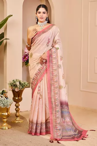 Beige cotton blend floral print saree with blouse