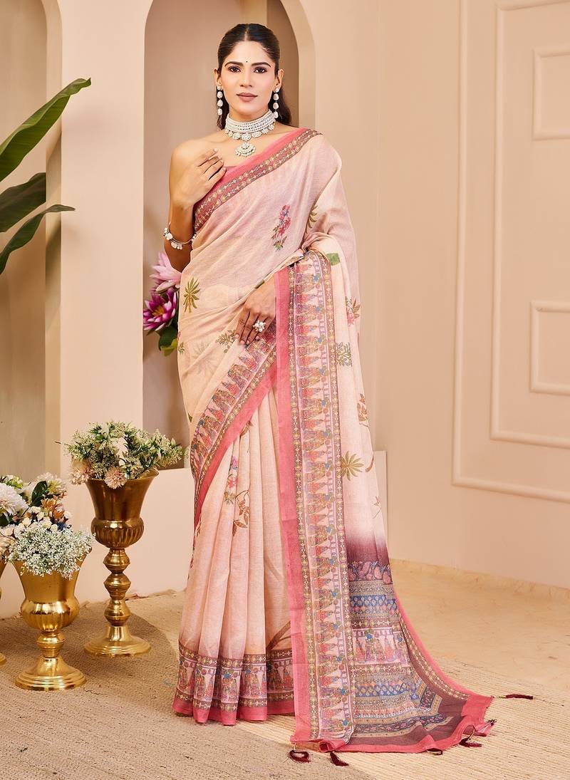 Beige cotton blend floral print saree with blouse