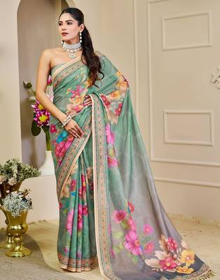 Green cotton blend floral print saree with blouse 1