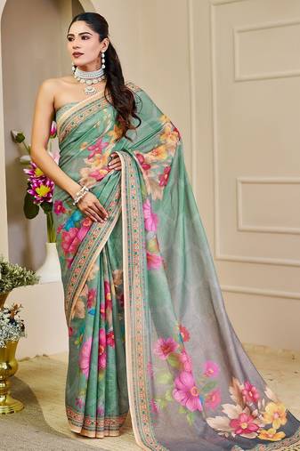 Green cotton blend floral print saree with blouse