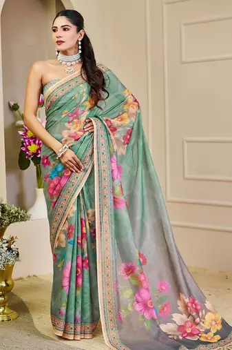 Green cotton blend floral print saree with blouse