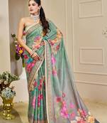 Green cotton blend floral print saree with blouse
