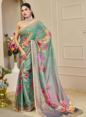 Green cotton blend floral print saree with blouse 2