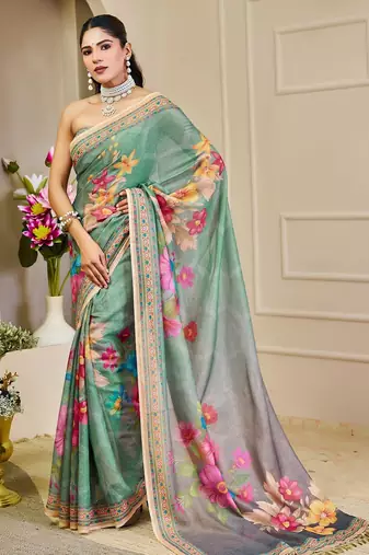 Green cotton blend floral print saree with blouse