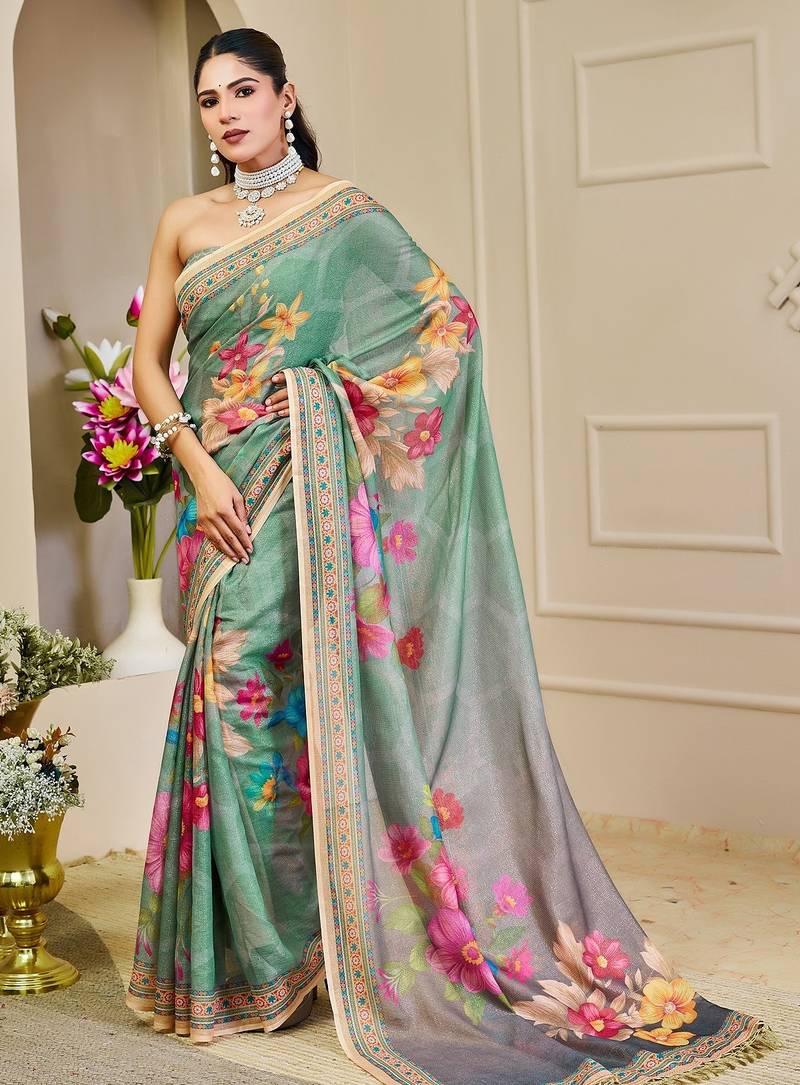 Green cotton blend floral print saree with blouse