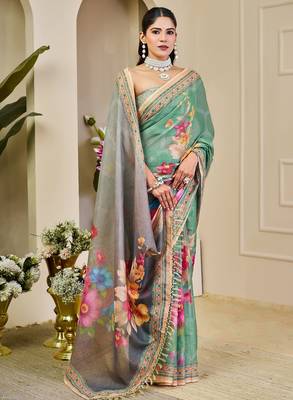 Green cotton blend floral print saree with blouse 3