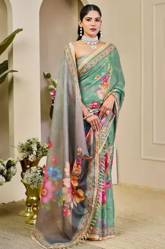 Green cotton blend floral print saree with blouse