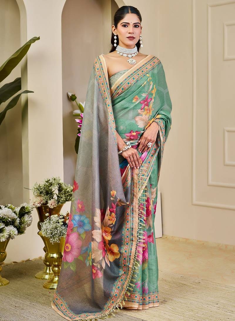 Green cotton blend floral print saree with blouse