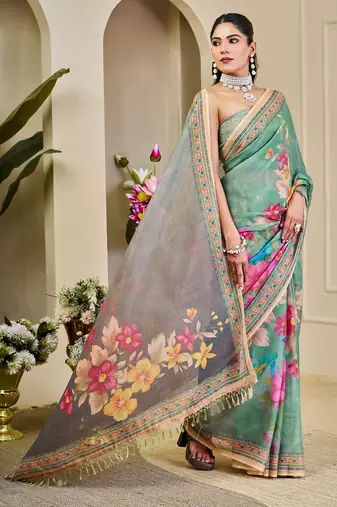 Green cotton blend floral print saree with blouse