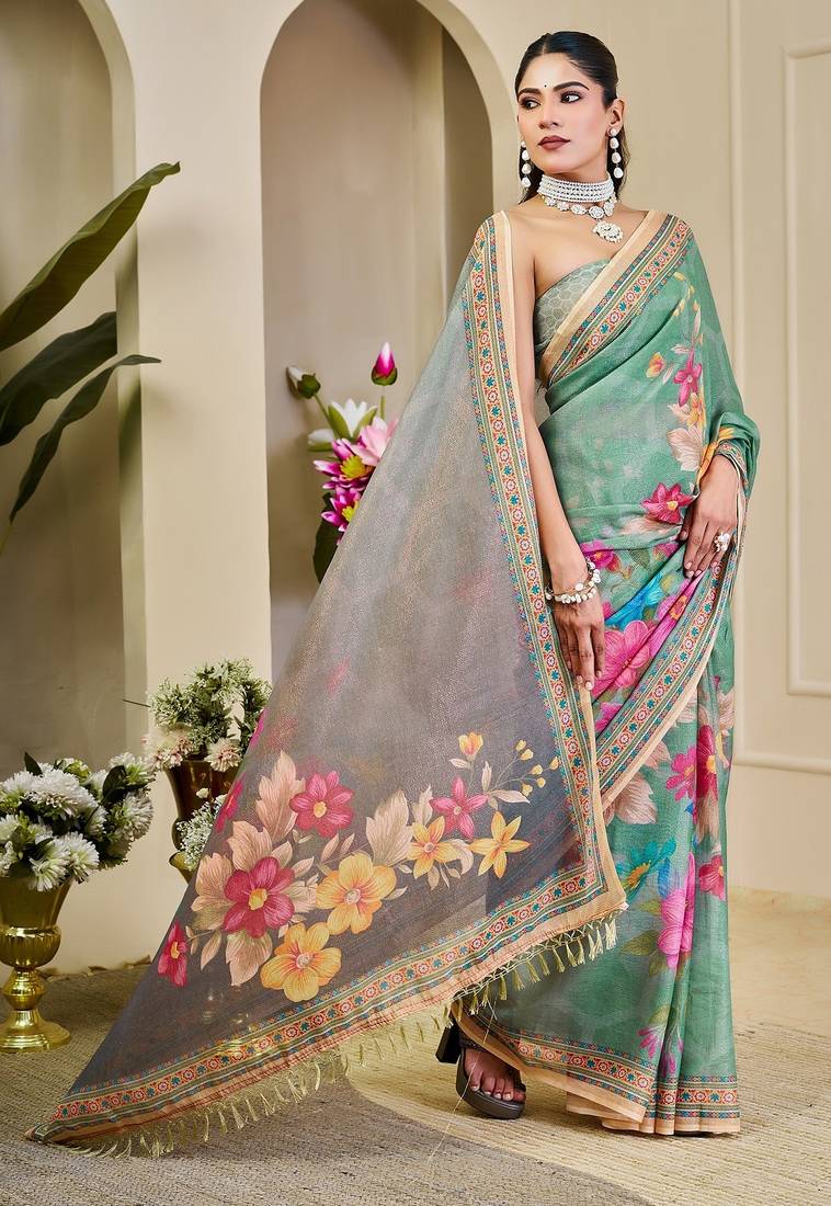 Green cotton blend floral print saree with blouse