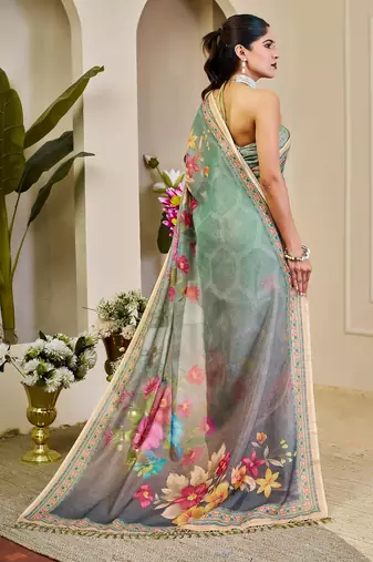 Green cotton blend floral print saree with blouse