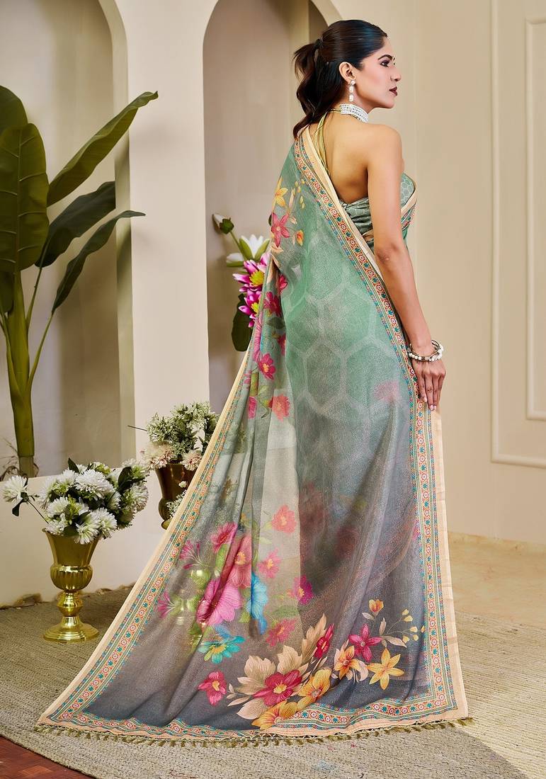 Green cotton blend floral print saree with blouse