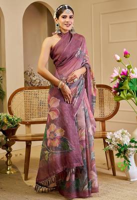 Burgundy cotton blend floral print saree with blouse 1