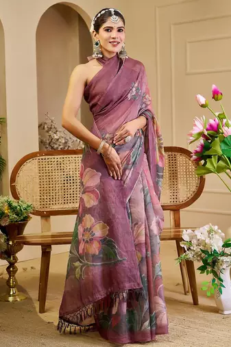 Burgundy cotton blend floral print saree with blouse