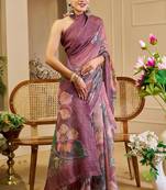 Burgundy cotton blend floral print saree with blouse