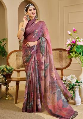 Burgundy cotton blend floral print saree with blouse 2