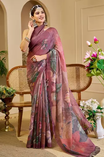 Burgundy cotton blend floral print saree with blouse