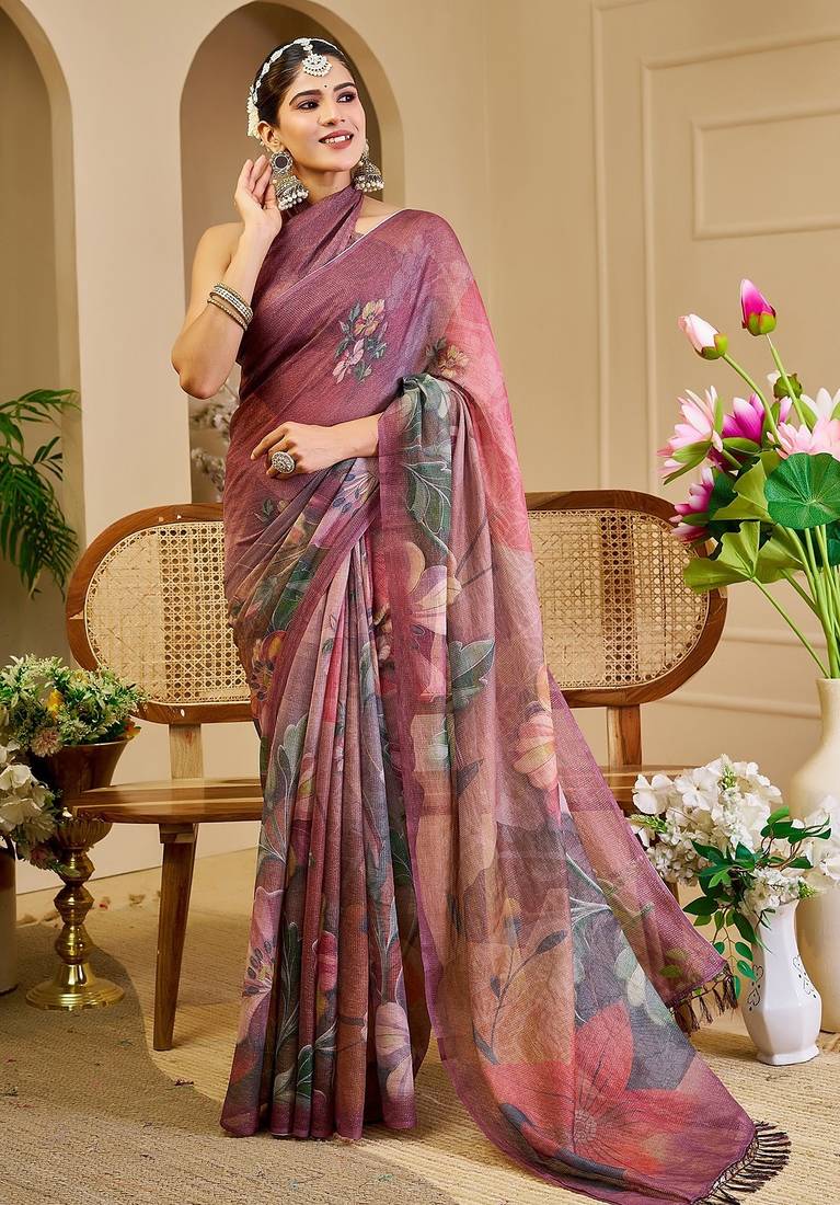 Burgundy cotton blend floral print saree with blouse