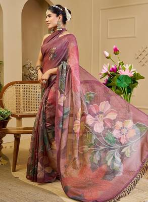 Burgundy cotton blend floral print saree with blouse 3
