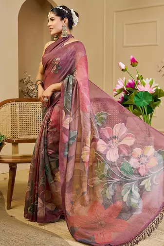 Burgundy cotton blend floral print saree with blouse