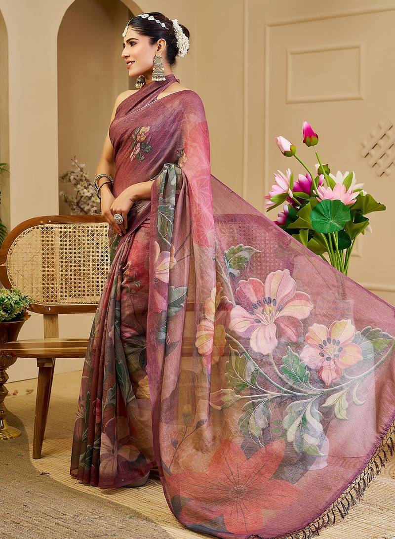 Burgundy cotton blend floral print saree with blouse