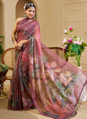 Burgundy cotton blend floral print saree with blouse 4