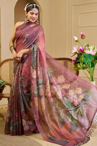 Burgundy cotton blend floral print saree with blouse