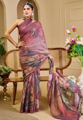 Burgundy cotton blend floral print saree with blouse 5