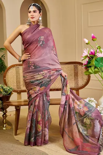 Burgundy cotton blend floral print saree with blouse