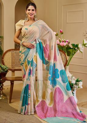 Cream cotton blend floral print saree with blouse 1