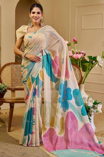 Cream cotton blend floral print saree with blouse