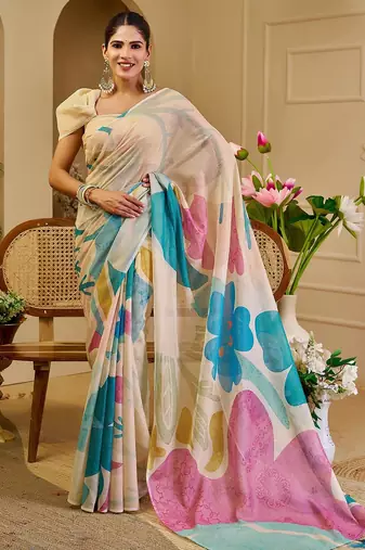 Cream cotton blend floral print saree with blouse
