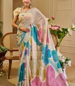 Cream cotton blend floral print saree with blouse