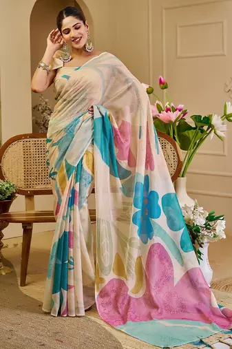Cream cotton blend floral print saree with blouse