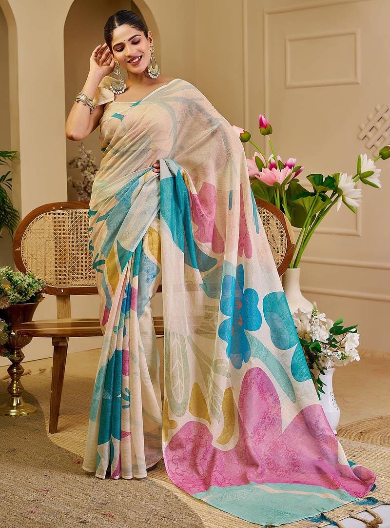 Cream cotton blend floral print saree with blouse