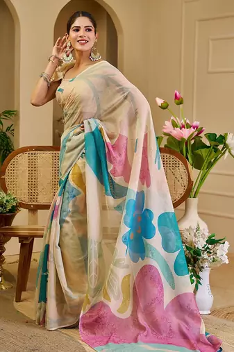Cream cotton blend floral print saree with blouse