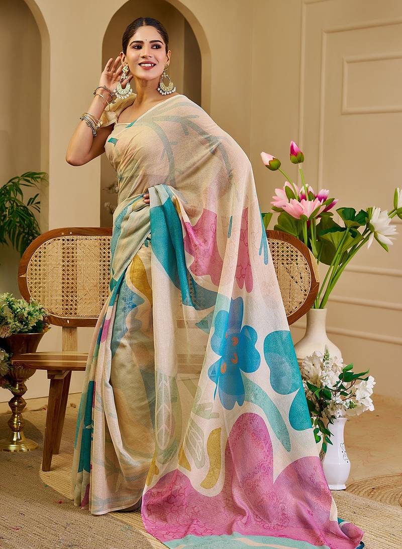 Cream cotton blend floral print saree with blouse