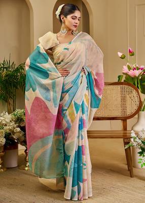 Cream cotton blend floral print saree with blouse 4