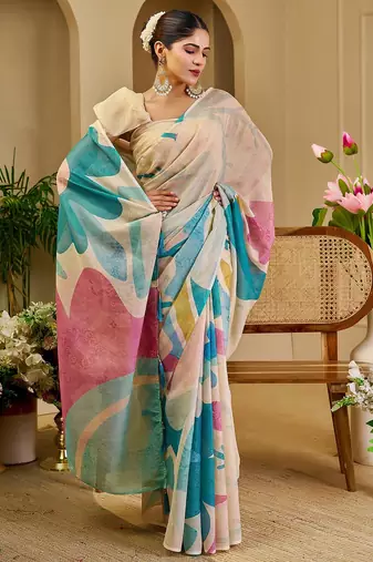 Cream cotton blend floral print saree with blouse