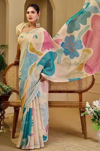 Cream cotton blend floral print saree with blouse
