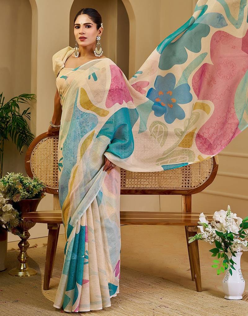 Cream cotton blend floral print saree with blouse