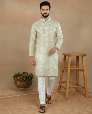 Pista linen fabric printed ethnic looks kurta payjama for men 1