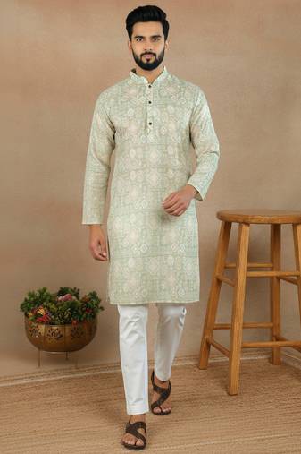 Pista linen fabric printed ethnic looks kurta payjama for men