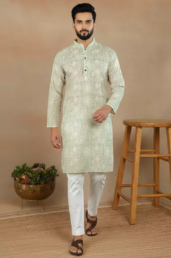 Pista linen fabric printed ethnic looks kurta payjama for men