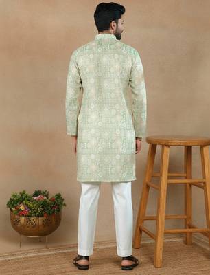 Pista linen fabric printed ethnic looks kurta payjama for men 2