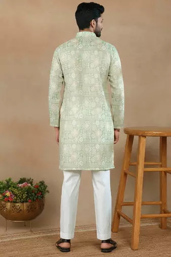 Pista linen fabric printed ethnic looks kurta payjama for men