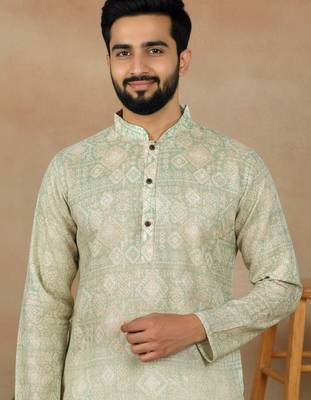 Pista linen fabric printed ethnic looks kurta payjama for men 3