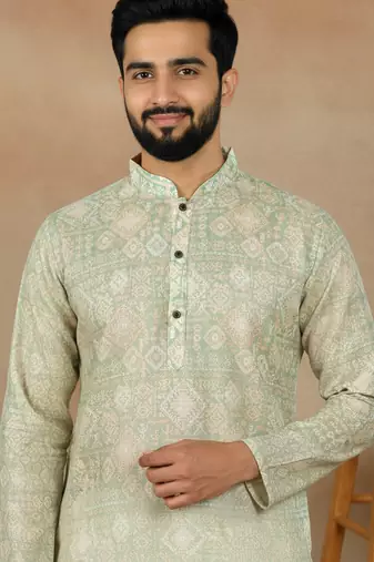 Pista linen fabric printed ethnic looks kurta payjama for men